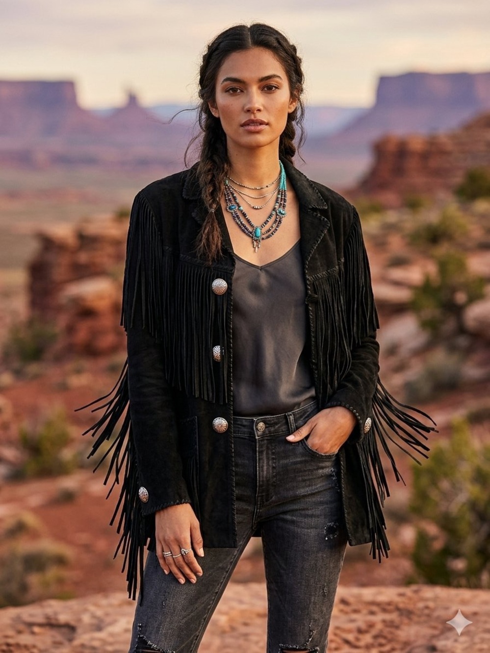 Vintage Echo Mountain by Arturo Black Suede Fringe Western Jacket - Silver Conch